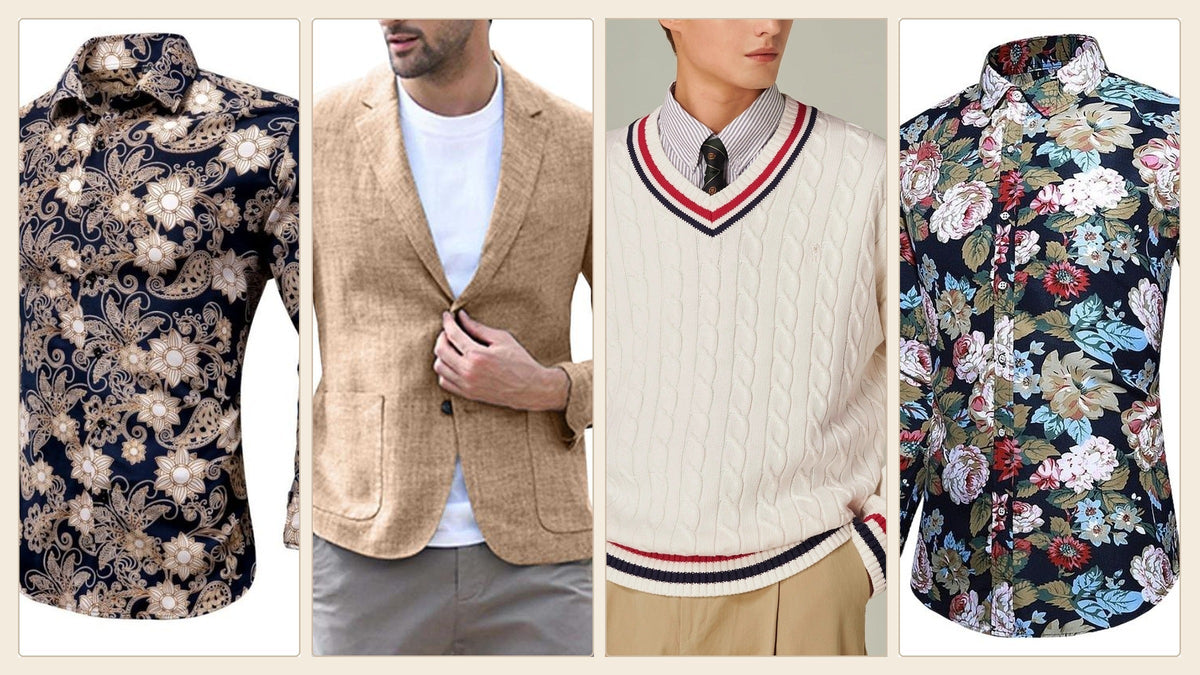 Blazer beige, chemise à motifs, pull clair et veste à carreaux pour illustrer le style des Beatles