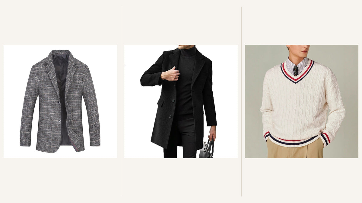 Blazer gris à carreaux, manteau noir à revers et pull blanc à col en V pour une silhouette inspirée de Cary Grant Bild