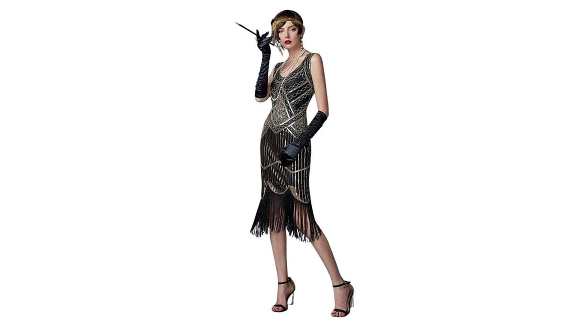 Robe de soirée sombre aux lignes graphiques pour illustrer le style théâtral de Mae West Bild