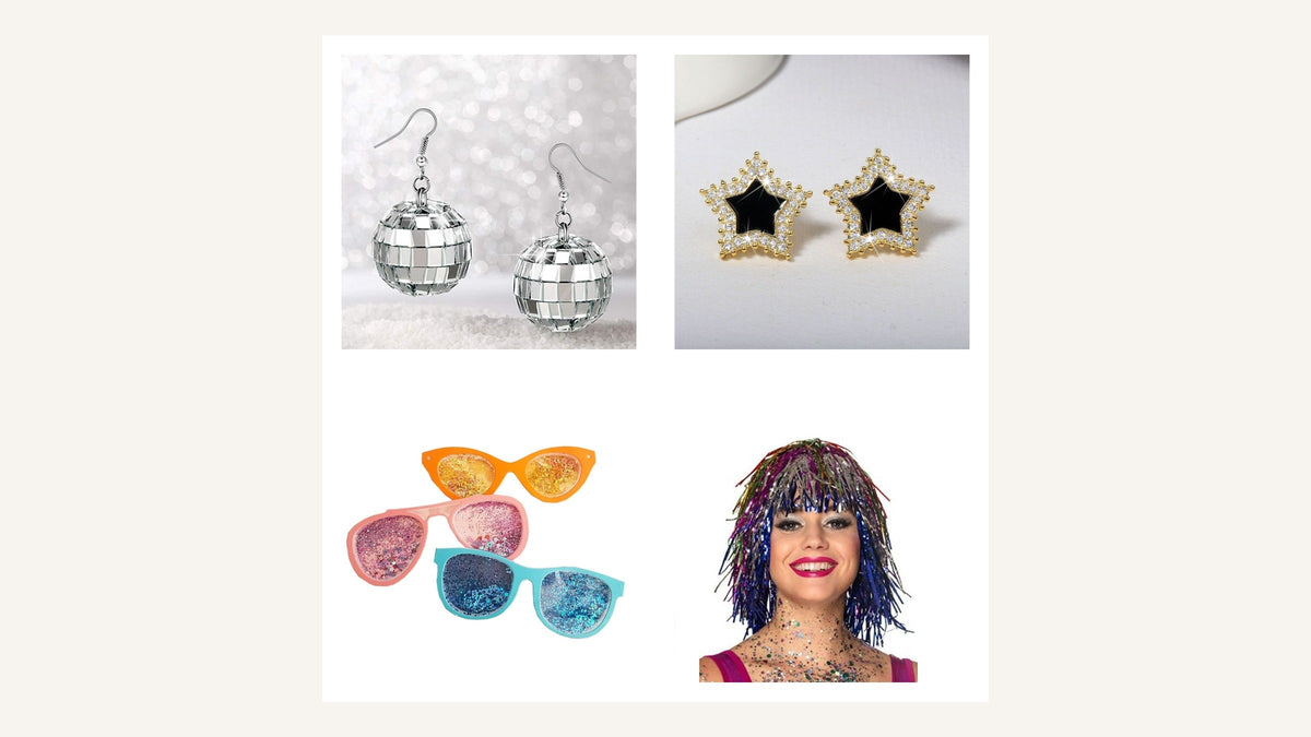 Maquillage disco bleu et doré avec accessoires brillants des années 70 Bild