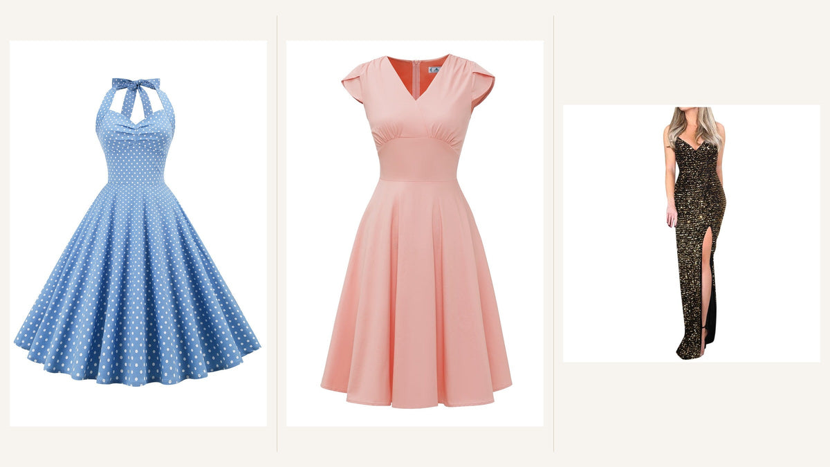 Trois robes rétro bleue à pois, rose évasée et noire dorée pour adapter les proportions et le glamour de Marilyn Monroe Bild