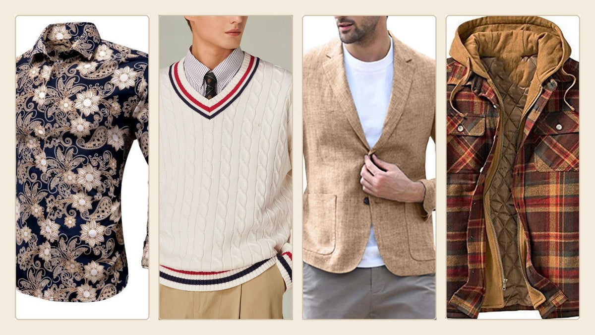 Chemise à motif, pull en V, blazer beige et veste à carreaux pour illustrer la mode homme des années 60 Bild