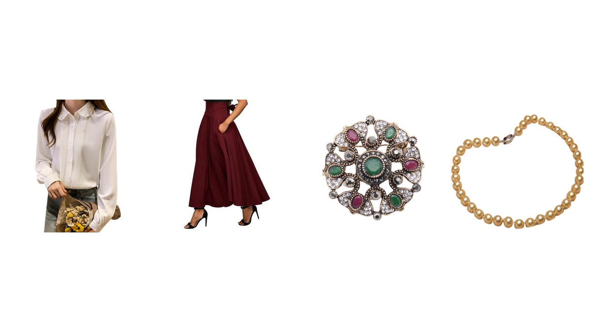 Le look 1900 en quatre pièces : chemisier blanc à col de dentelle, jupe longue bordeaux, broche ancienne et collier de perles Bild