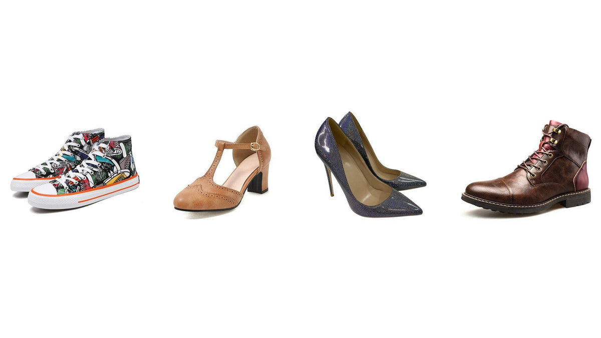 Quatre chaussures d'inspiration années 80 alignées : basket montante imprimée, escarpin T-strap en cuir camel, escarpin à talon aiguille pailleté et bottine marron à lacets