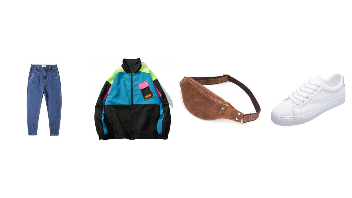 Quatre pièces d'un look années 90 sur fond blanc : coupe-vent color block, mom jean taille haute, sac banane en cuir et basket blanche en toile Bild