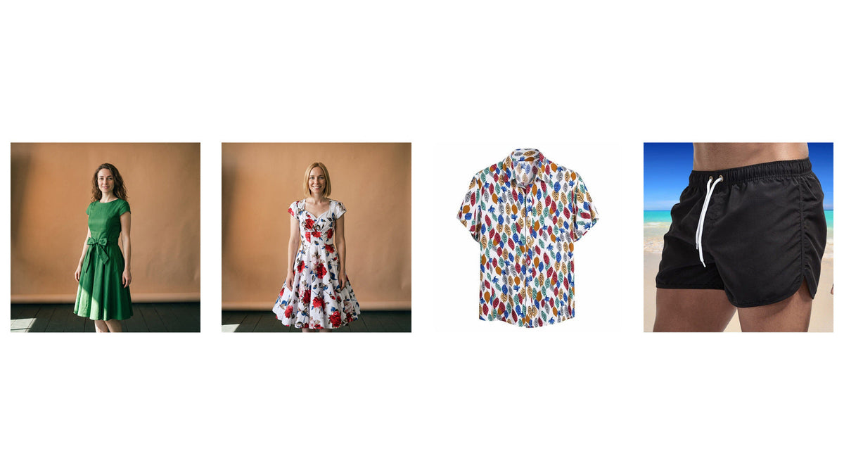 Tenues de beach party rétro : robes années 50, chemise à feuilles et short de bain noir Bild