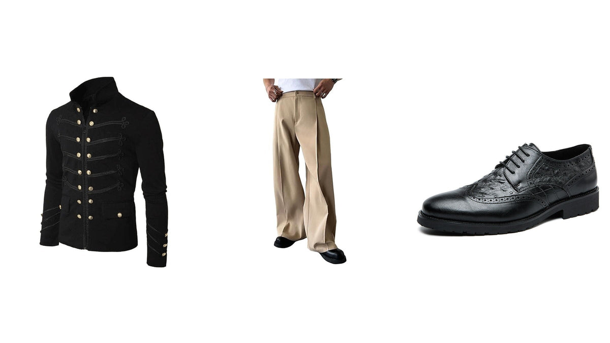 Veste structurée, pantalon ample et chaussure noire pour illustrer les contrastes de la tenue de Charlie Chaplin