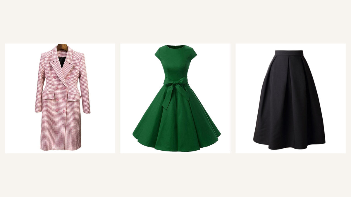 Silhouette d’inspiration New Look : veste structurée, robe verte à taille marquée et jupe noire évasée Bild