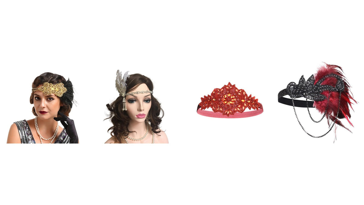 Quatre bandeaux charleston pour accompagner une robe longue : doré à plume noire, argenté à perles, rouge à strass et noir à plume bordeaux Bild