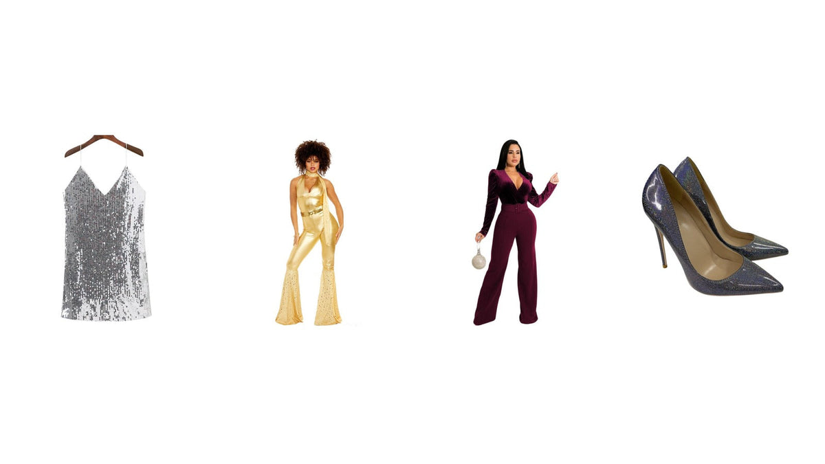 Quatre pièces d'une tenue disco femme sur fond blanc : ensemble doré à pattes d'éph, robe courte à sequins argentés, combinaison en velours bordeaux et escarpins pailletés Bild