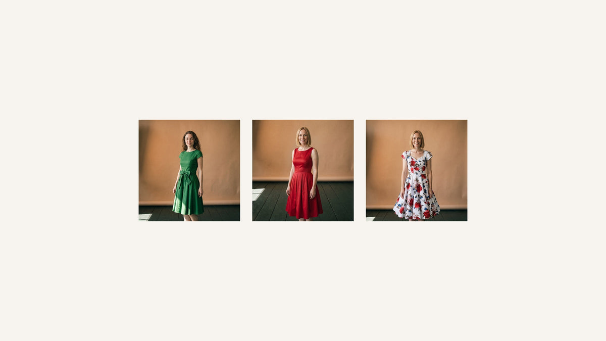 Trois robes d’inspiration années 50, verte, rouge et fleurie, présentées en studio Bild