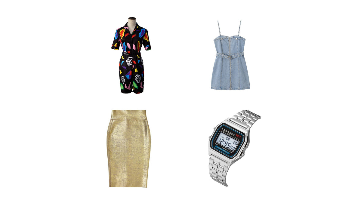 Mode féminine des années 80 : combinaison graphique, robe en jean, jupe dorée et montre numérique