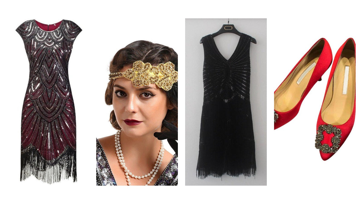Quatre pièces d'une tenue Gatsby sur fond blanc : robe rouge à sequins Art déco, bandeau doré à plume porté, robe noire à franges et paillettes, escarpin rouge à boucle strass Bild