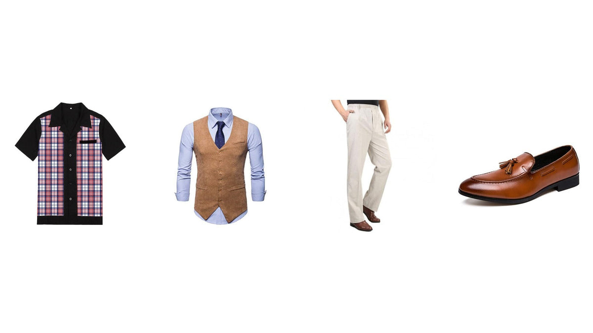Quatre pièces du vestiaire masculin des années 50 : chemise de bowling à panneau écossais, gilet de costume camel, pantalon à pinces écru, mocassin en cuir fauve Bild