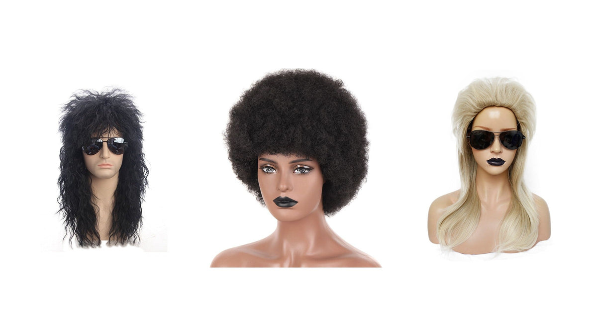 Trois volumes de coiffure années 80 sur fond blanc : crinière noire crantée, afro rond brun, chevelure blonde à racines soulevées Bild