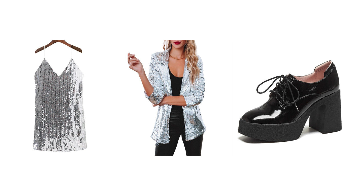 Trois pièces d’une tenue disco sur fond blanc : robe courte à sequins argentés, veste blazer à sequins argentés portée ouverte, chaussure à plateforme noire vernie