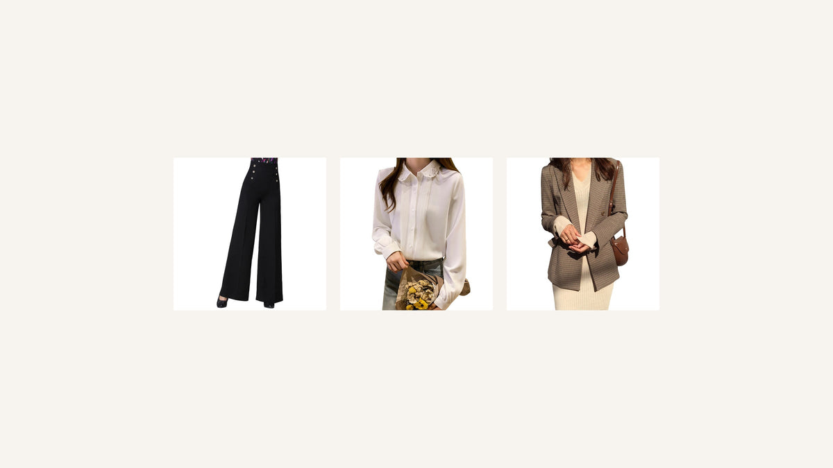 Montage de trois pièces : pantalon noir ample, chemise blanche et blazer à carreaux Bild