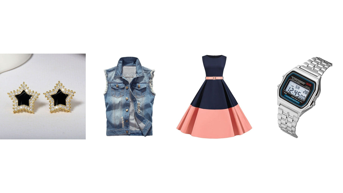 Look année 80 chic composé autour d’une veste en jean sans manches, d’une robe bicolore, de boucles d’oreilles étoilées et d’une montre numérique