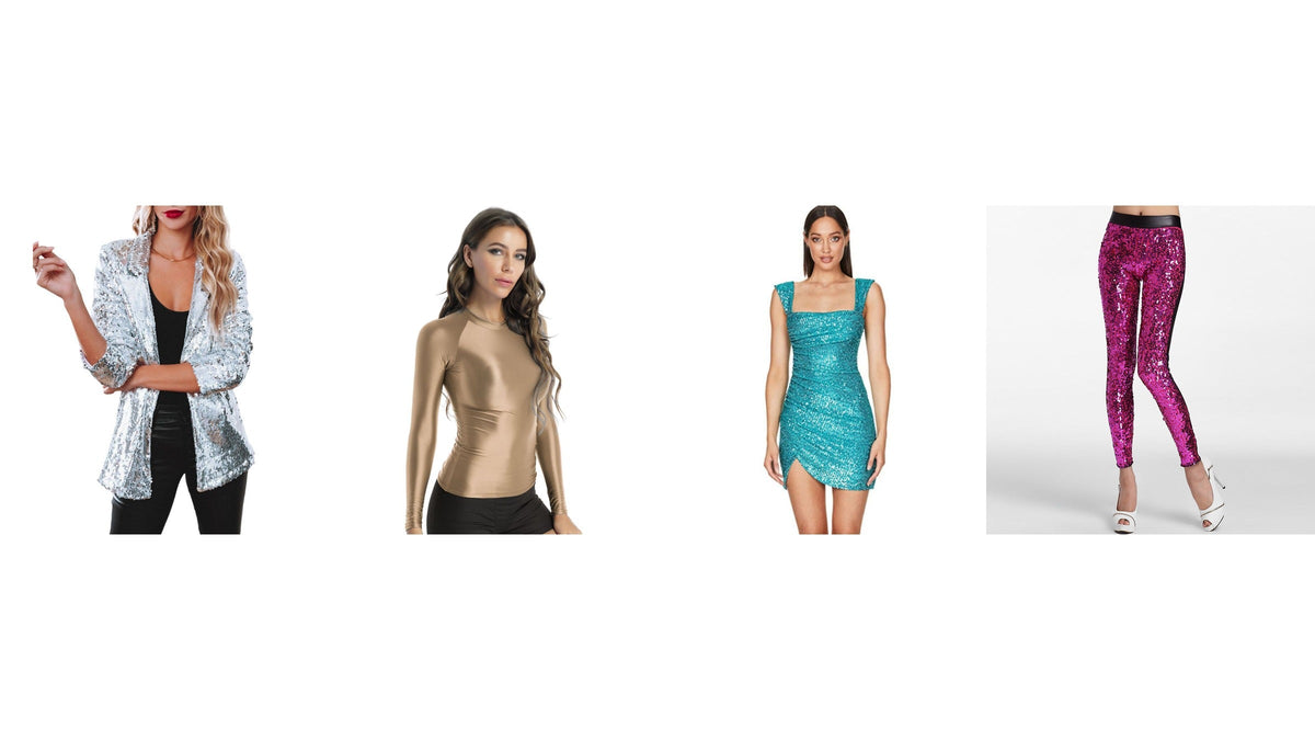 Quatre pièces lumineuses pour un look disco : veste argentée, haut doré, robe turquoise et pantalon rose à paillettes Bild