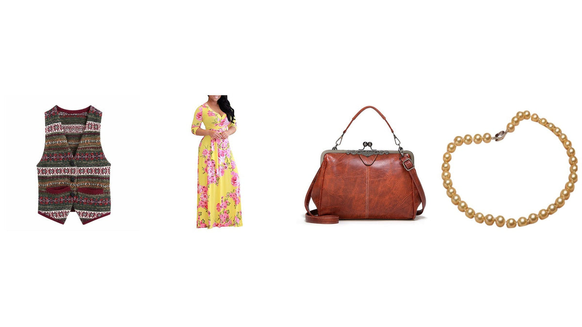 Quatre pièces d'un déguisement de mamie sur fond blanc : robe longue à fleurs, gilet sans manche tricoté, collier de perles dorées et sac à main en cuir à fermoir Bild