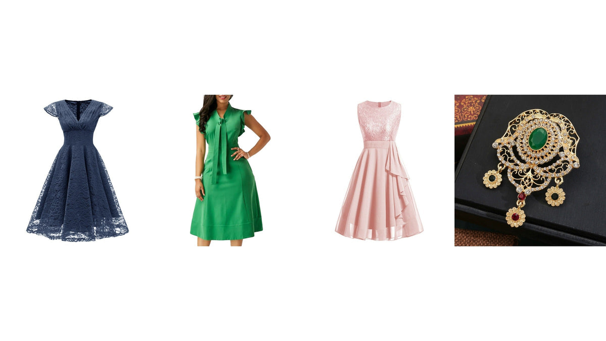 Trois robes de cérémonie bleue, verte et rose avec une broche ornée, pour composer une tenue de mariage à 60 ans Bild