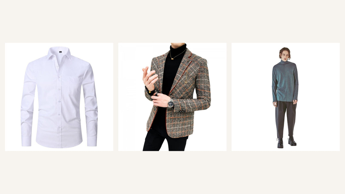 Chemise blanche, blazer à carreaux et pantalon sombre pour composer une tenue de mariage séparée Bild
