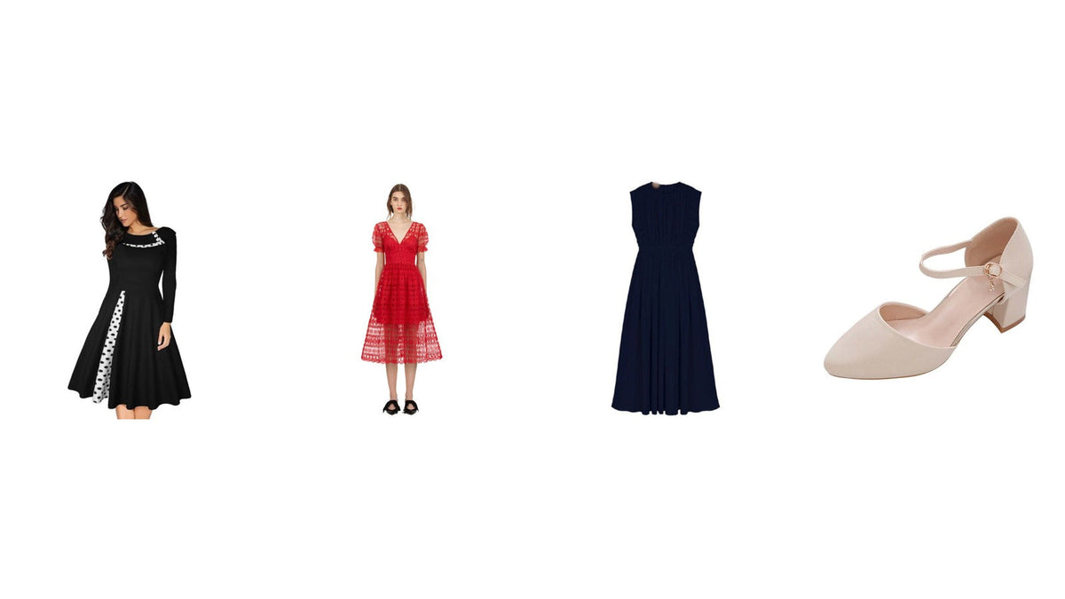 Trois robes de cérémonie et une chaussure à talon bas : robe noire à manches longues, robe midi en dentelle rouge, robe longue bleu marine, escarpin beige à bride Bild