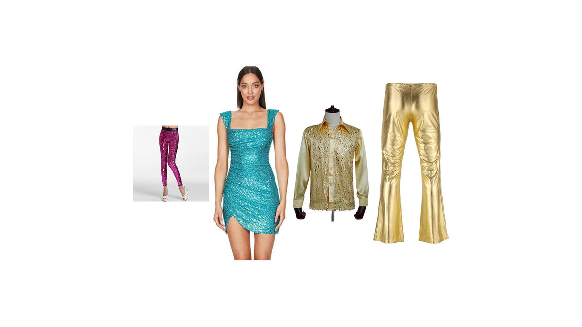 Tenue party disco femme et homme : robe turquoise, pantalon rose, chemise dorée et pantalon doré Bild