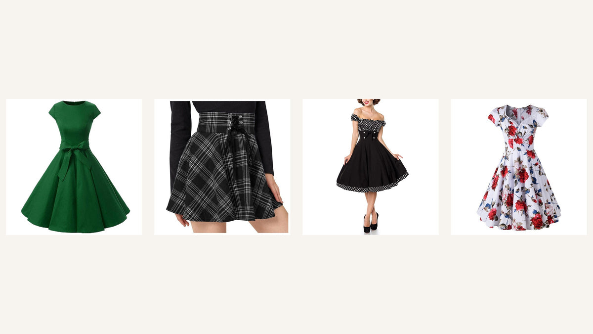 Style Brigitte Bardot revisité : robe verte évasée, jupe à carreaux, robe noire aux épaules dégagées et robe fleurie Bild