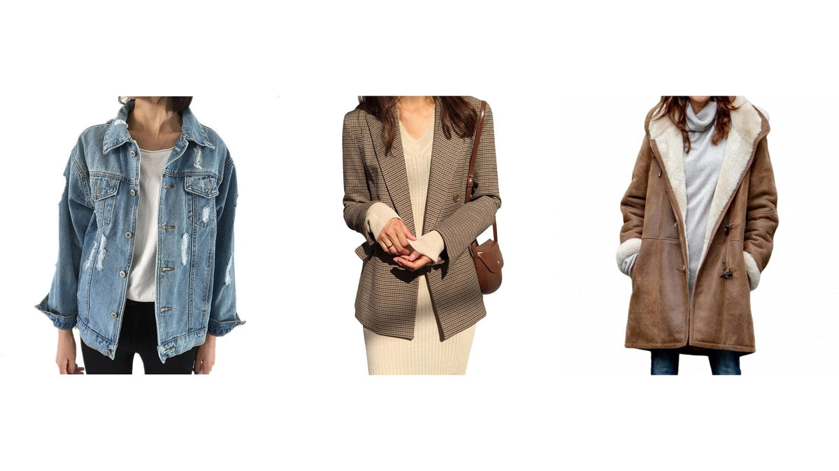 Trois vestes d’inspiration rétro pour femme : jean délavé, blazer à carreaux et veste longue brune Bild