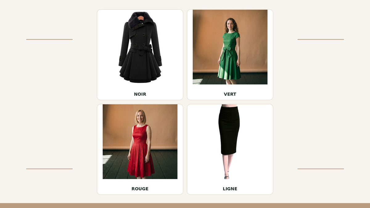 Quatre lignes graphiques inspirées du cinéma d’Alfred Hitchcock : manteau noir, robes verte et rouge, jupe crayon noire Bild