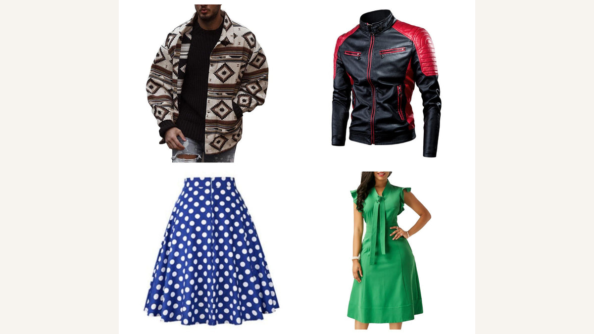 Quatre pièces du catalogue réunissant motif géométrique, rouge et noir, jupe bleue à pois blancs et robe verte pour traduire les codes visuels d’Andy Warhol Bild