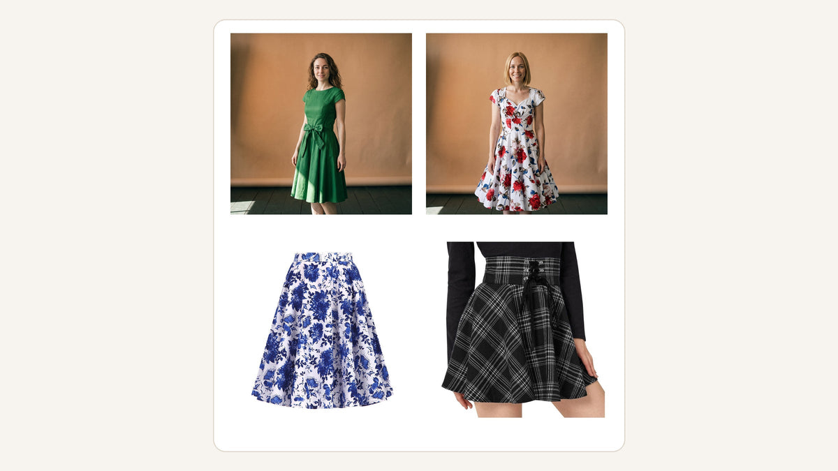 Quatre pièces du catalogue pour traduire le style de Rita Hayworth : deux robes et deux jupes à taille marquée Bild