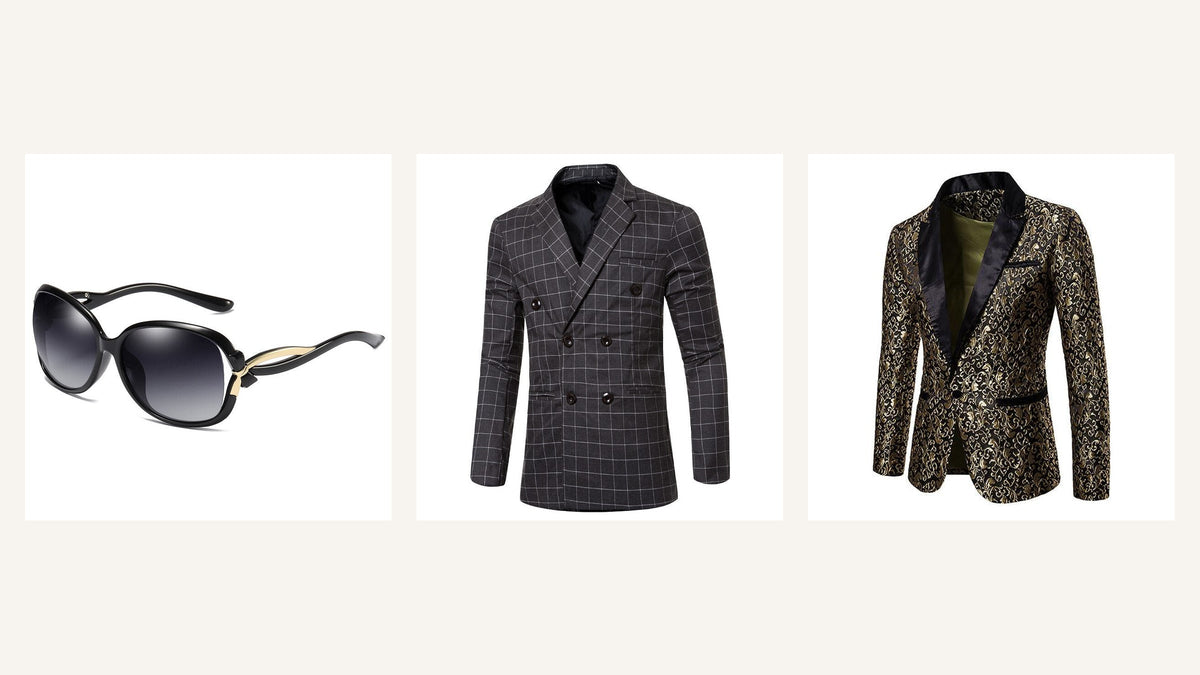 Lunettes noires, veste croisée à carreaux et blazer noir doré pour une tenue de scène rétro Bild