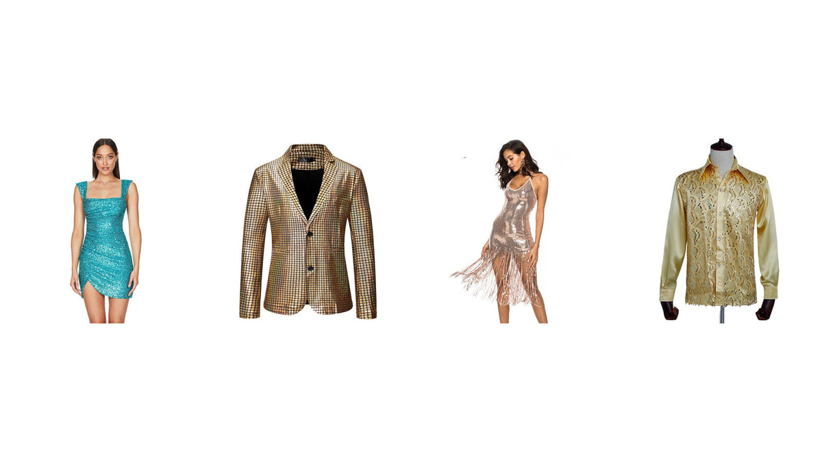 Tenues disco à paillettes pour femme et homme : robe turquoise, veste dorée, robe à franges et chemise brillante Bild