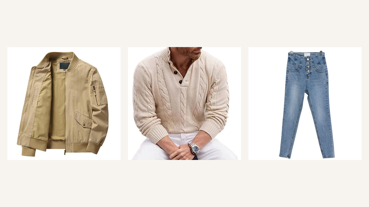 Tenue inspirée de Steve McQueen avec veste beige courte, pull écru et jean bleu à coupe nette Bild