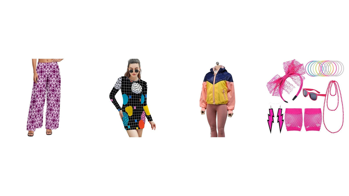 Style des années 80 : robe graphique, veste de sport colorée, pantalon à motif et accessoires pop Bild