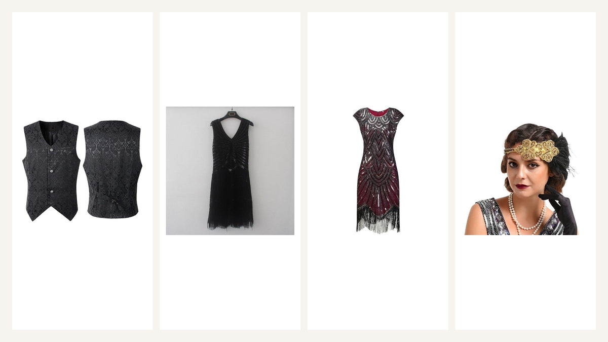 Tenues Gatsby avec gilet noir, robes à franges et bandeau doré Bild