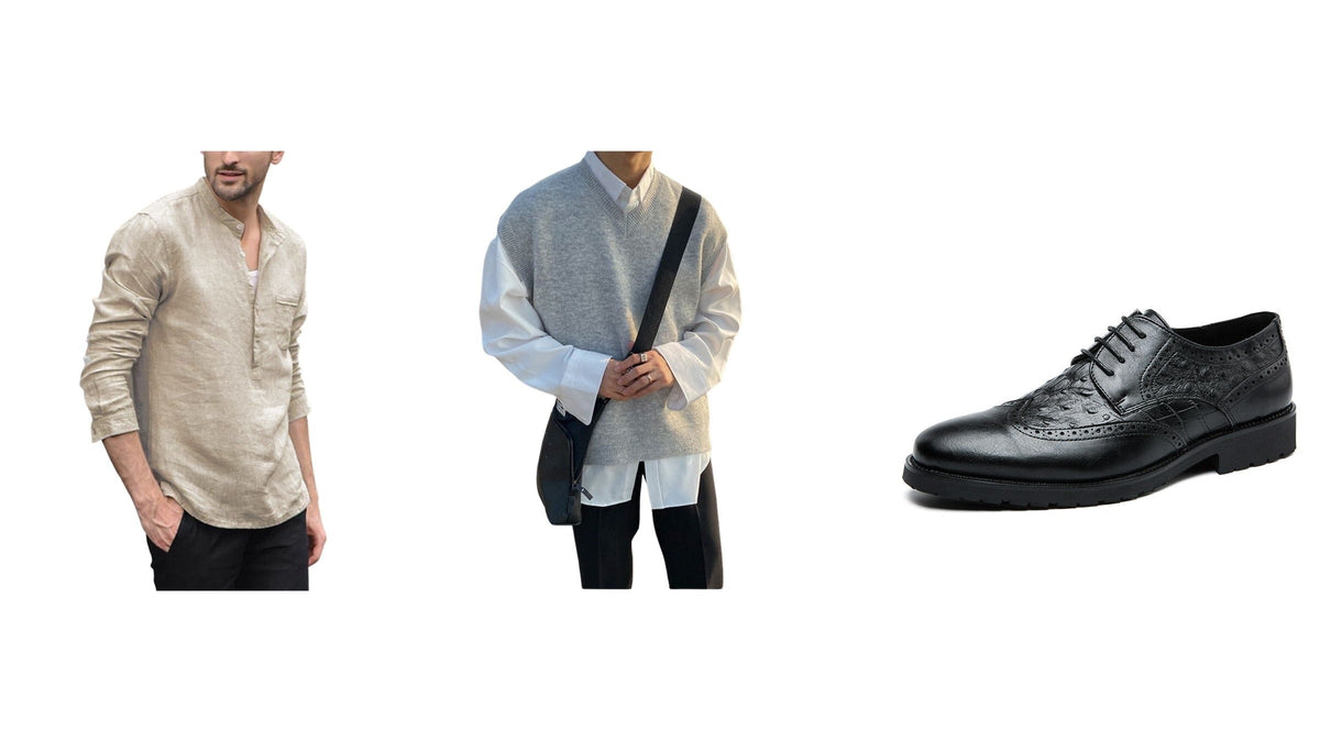 Tenue homme inspirée des années 40 avec chemise beige, pull sans manches gris et chaussure noire Bild