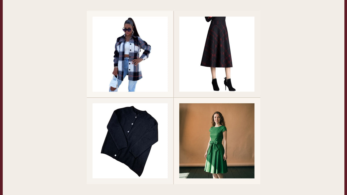 Quatre pièces du catalogue Mode Vintage : veste à carreaux, jupe écossaise, pull noir asymétrique et robe verte évasée Bild