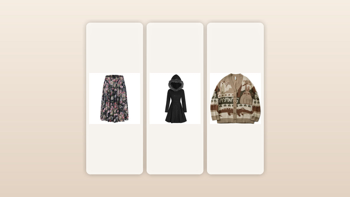 Jupe florale, manteau noir et cardigan beige présentés pour vendre des vêtements vintage Bild