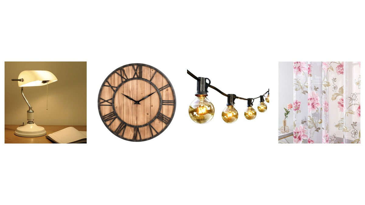 Cuisine vintage : lampe de bureau années 50, horloge murale en bois, guirlande d'ampoules et voilage fleuri Bild