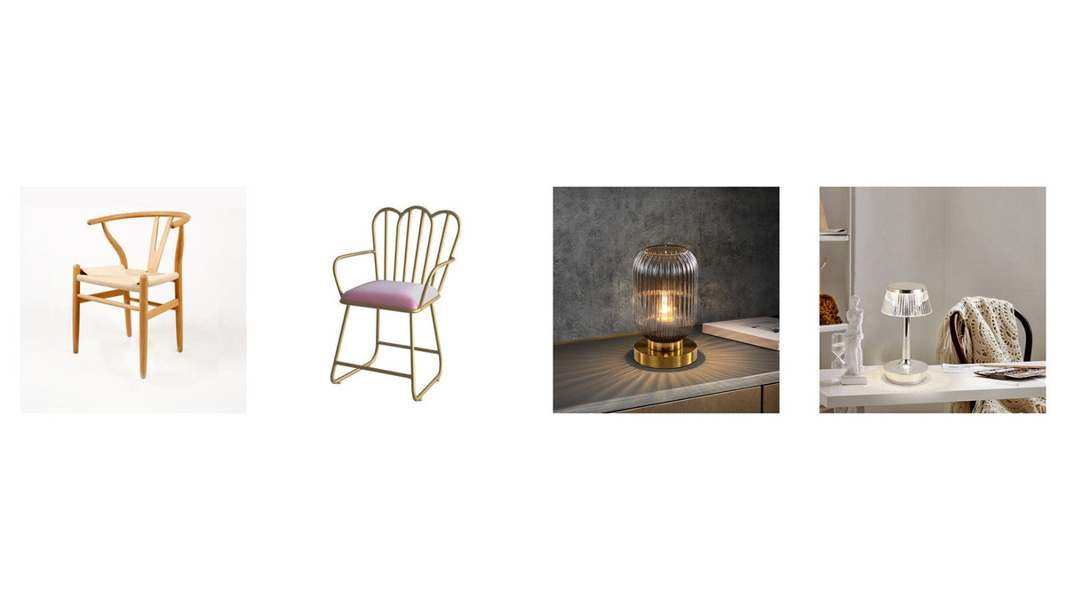 Changer la couleur d'un meuble sans le peindre : une chaise en bois clair, une chaise en velours rose et deux lampes à poser Bild