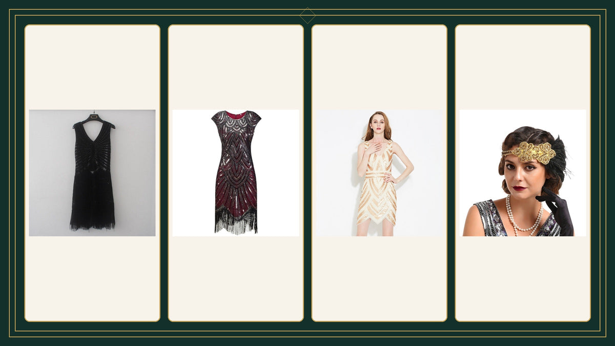 Trois robes Charleston noire, rouge et ivoire avec un bandeau doré porté Bild