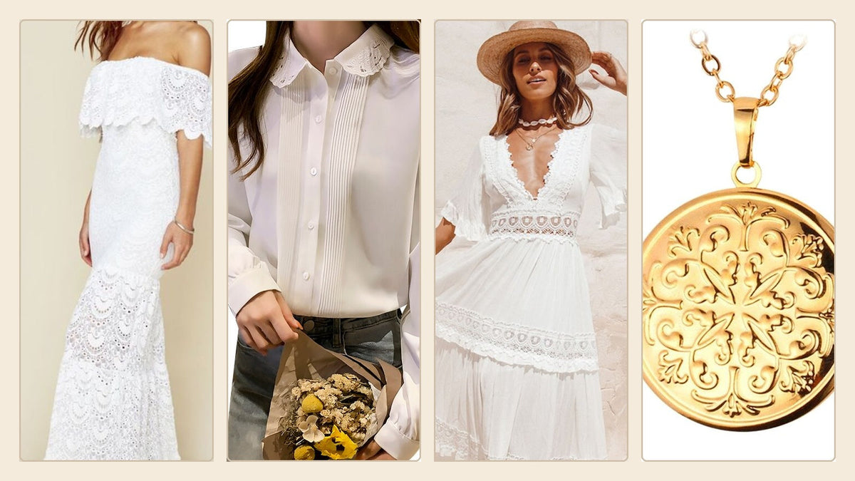 Deux robes blanches, une chemise à dentelle et un médaillon doré inspirés de la Belle Époque Bild