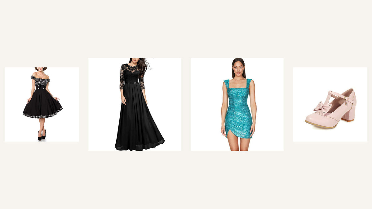 Quatre idées chic et choc : robe rétro à pois, robes de soirée noire et turquoise, escarpin rose à nœud Bild