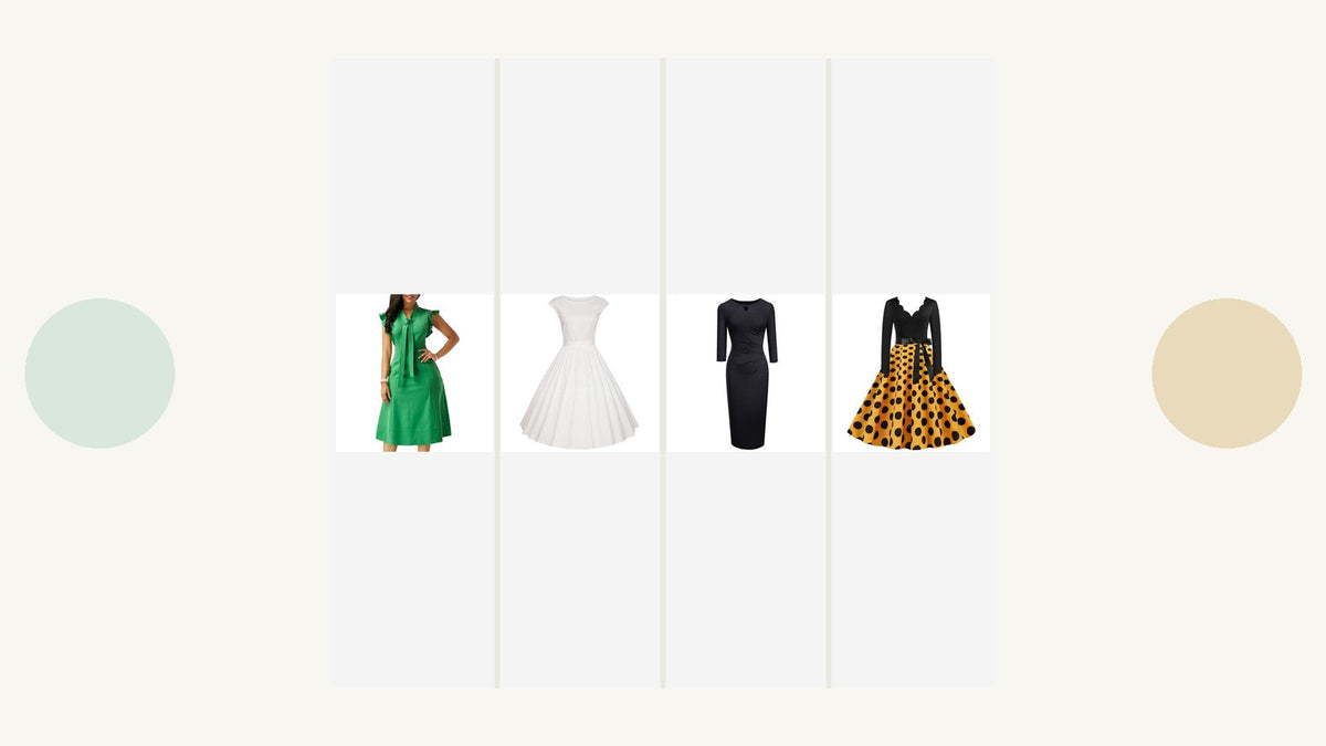 Quatre silhouettes féminines inspirées des années 60, avec robes verte, blanche, noire et robe au corsage noir avec jupe jaune à pois noirs