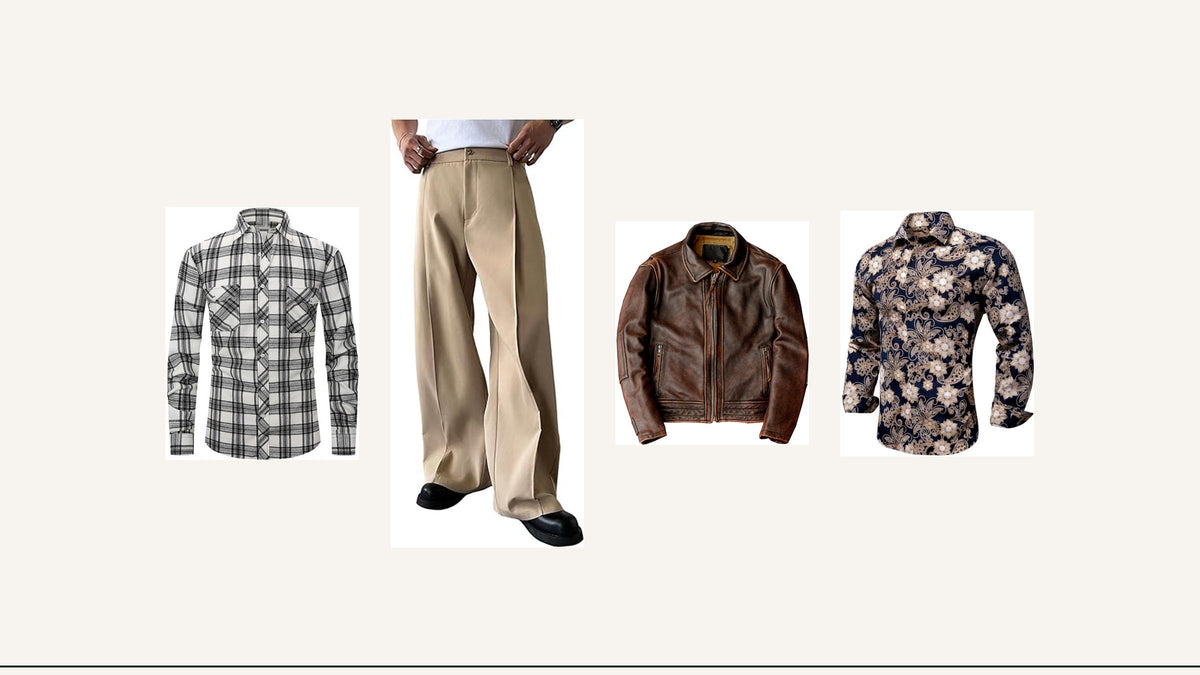 Codes du style Elvis : chemise à carreaux, pantalon ample, veste sombre et chemise à motifs Bild
