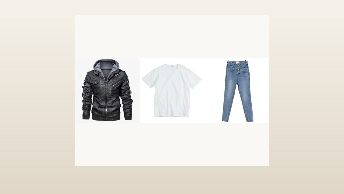 Tenue inspirée de James Dean avec blouson noir, tee-shirt blanc et jean bleu Bild