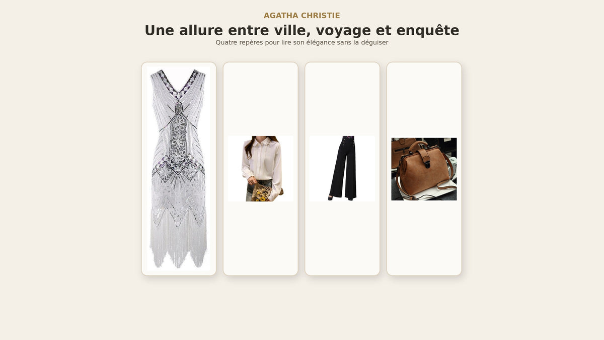 Tenues inspirées d’Agatha Christie : robe années 20, chemise claire, pantalon ample et sac structuré Bild